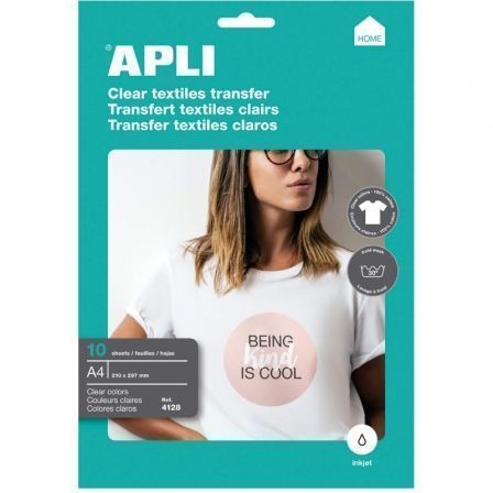 Apli Papel Transfer A4 para Impresoras Inkjet, 10 Hojas para Prendas Blancas